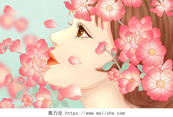 唯美风38妇女节女神节女生美女植物花朵插画海报背景38女生女神妇女节
